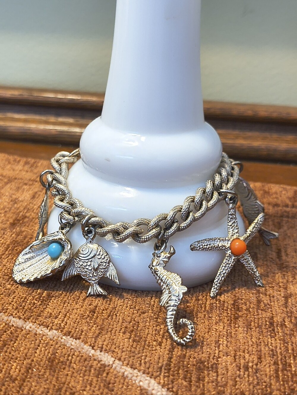 Vtg MCM 50s Germany Sea Life Charm Bracelet Silver Tone Fish Seahorse Shells
